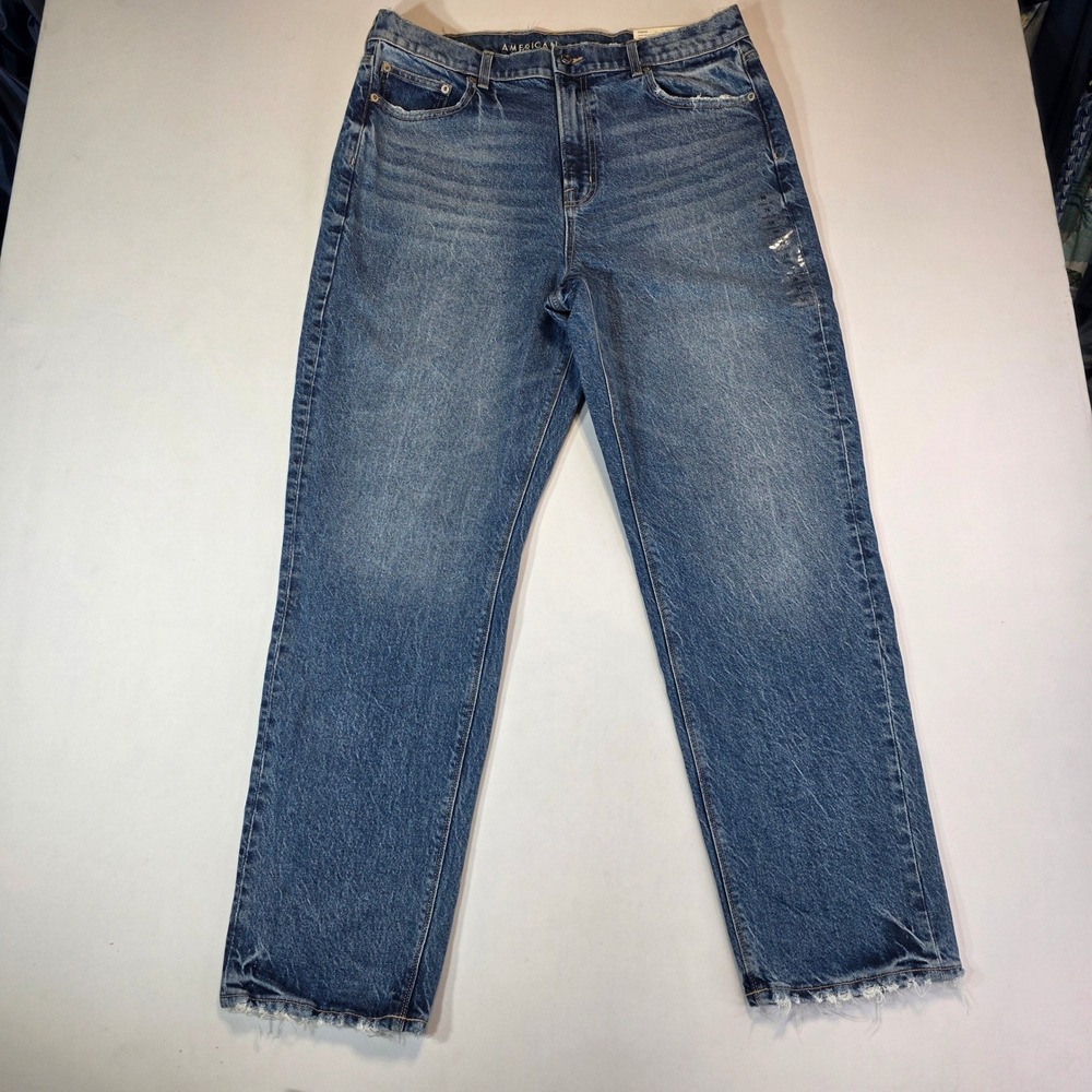 NWT American Eagle Super High Rise Straight Jeans 16 Reg Blue Stretch Raw Hem